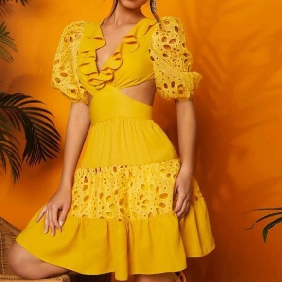 Boho Cut Out Embroidery Eyelet Ruffle Trim Tie Back Dress - Picture 7 of 7